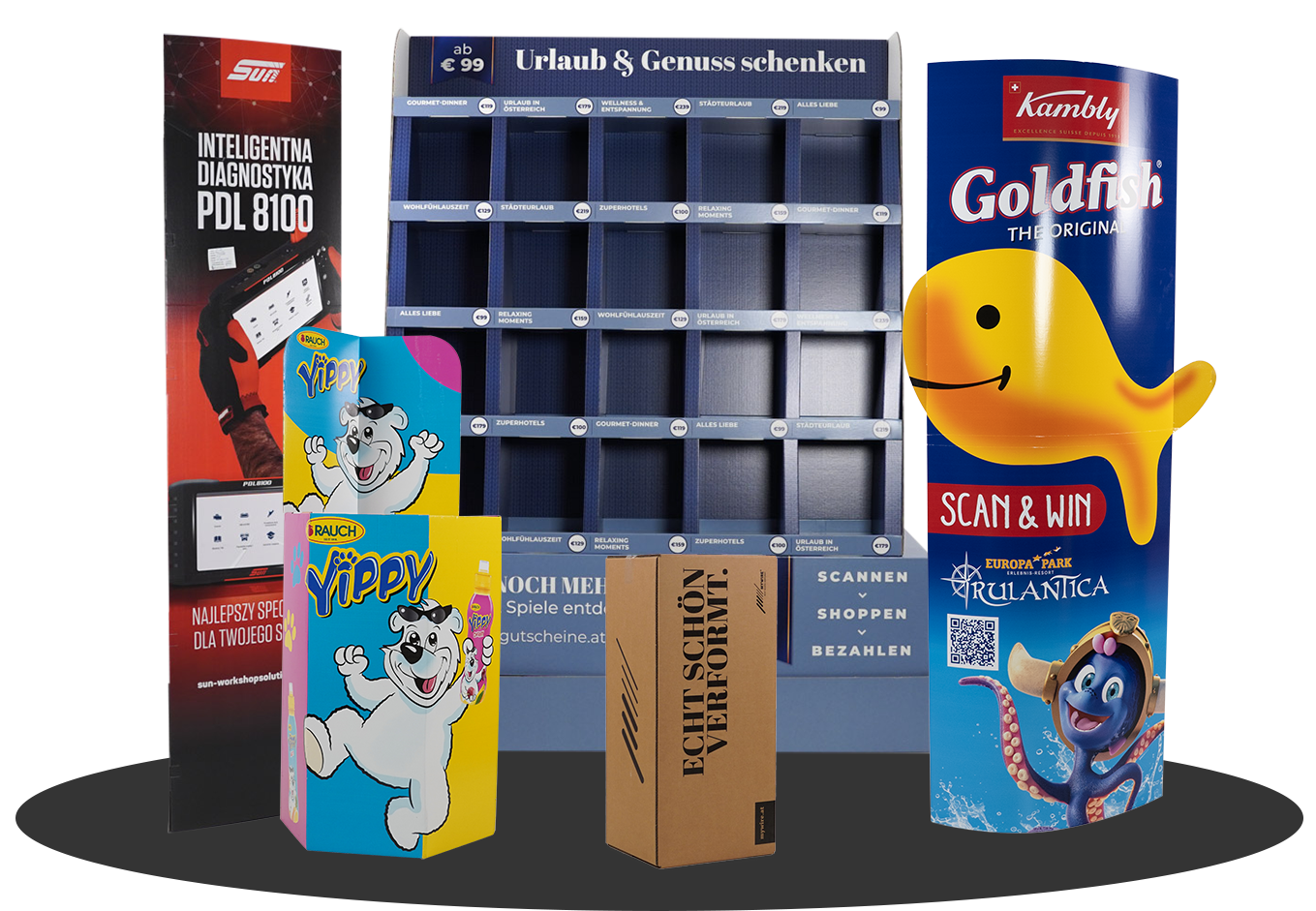Collage von Dreickdisplays, Ellipsendisplays, Palettendisplays, Versandverpackung und Schüttendisplays