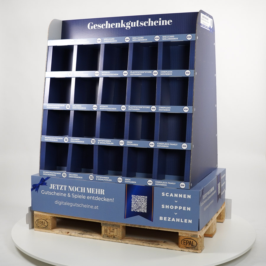 Palettendisplays kombinieren große Werbefläche mit funktionaler Produktpräsentation – 100 % aus Karton, individuell gestaltbar und besonders stabil