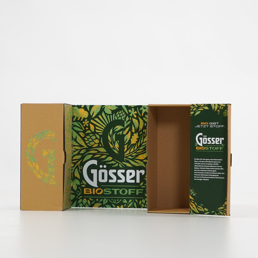 Nachhaltige Präsentationsverpackung aus Karton für Gösser Biostoff – umweltfreundlich produziert und hochwertig bedruckt.